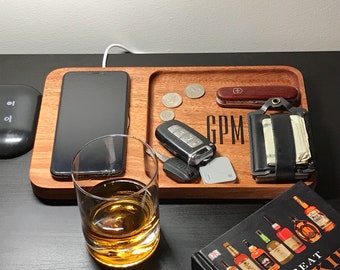 Every Day Carry Mahogany Valet Tray with Wireless Charger - Ideal Groomsman Gift and 5th Anniversary