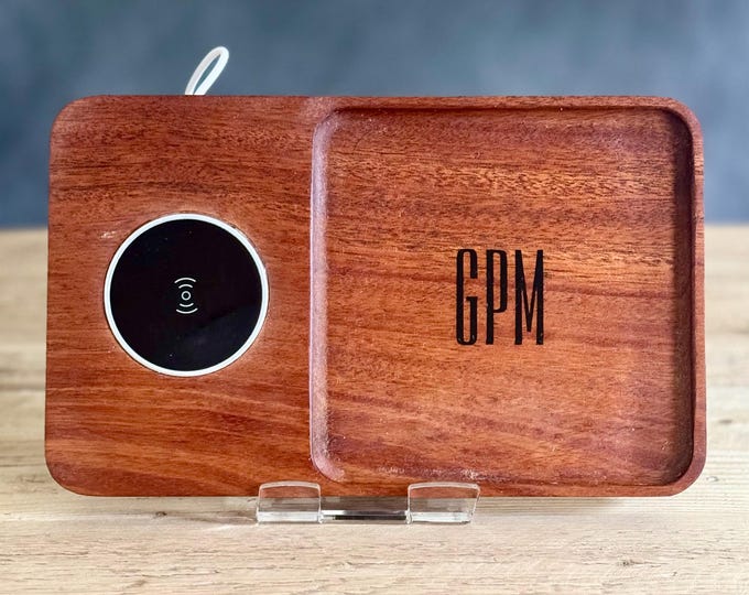 Personalized Wooden Valet Tray With Wireless Phone Charger Handmade Luxury Gift For Men Premium Quality Cherry Wood Custom Design Valet Tray