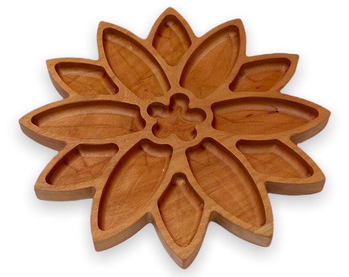 Poinsettia Cherry Wood Tray.  Christmas table presentation or holiday party snack tray