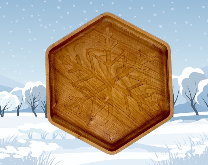 Snowflake wooden tray for Christmas cookies, candy dish, snack tray. Holiday decor.