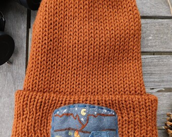 Hand Knit Beanie Featuring a Nightscape Desert Patch
