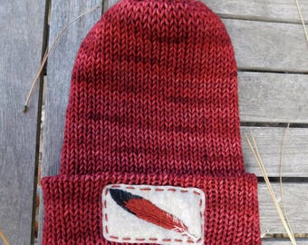 Hand Knit Beanie Featuring a red-shafted Northern Flicker