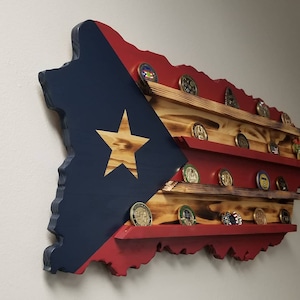 Puerto Rico Wood Flag, Island Challenge Coin Holder and Poker Chip Display, Bandera Puertoriqueña