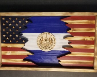 United States and El Salvador Wood Double Flag, Bandera Salvadorena, Rustic Flag, Coin holder and Poker Chip Display