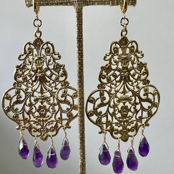 Amethyst Chandelier earrings, Exotic Amethyst Briolet Earrings with Vintage Filigree Pendant - One of a Kind Jewelry, Aesthetic earrings