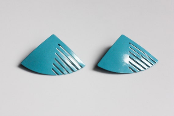 Retro Teal Blue Triangle with Stripes Clip On Ear… - image 1