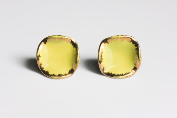 Retro Bright Yellow and Gold Rim Glass Square Scr… - image 1