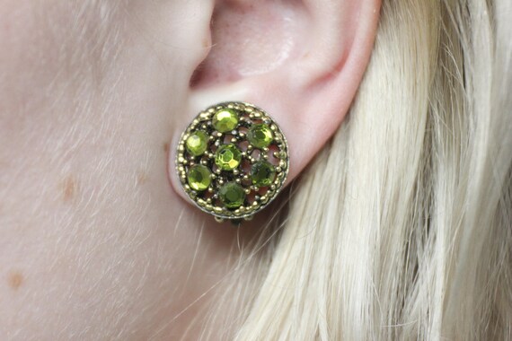 Vintage Green Rhinestone and Gold Color Weiss Ear… - image 3