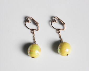 Retro Dangle Yellow Disco Ball Type Bead Clip On Earrings