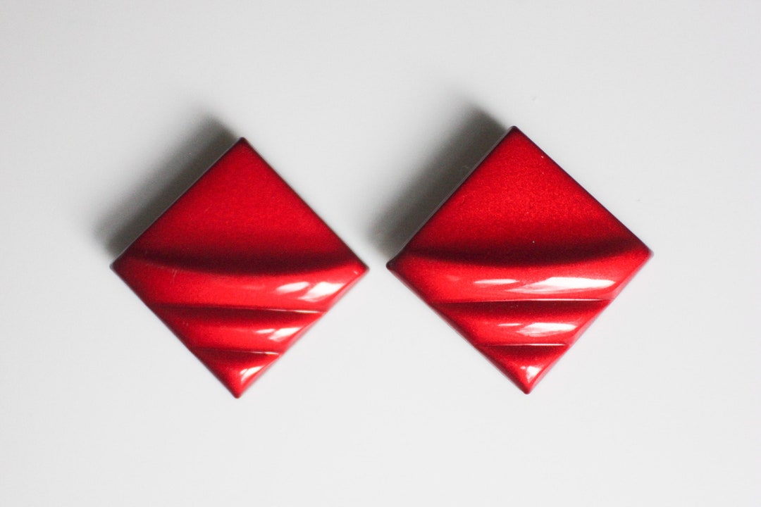 Retro Deep Red Square Metal Ripple Design Clip on Earrings - Etsy