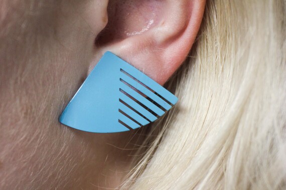 Retro Teal Blue Triangle with Stripes Clip On Ear… - image 3