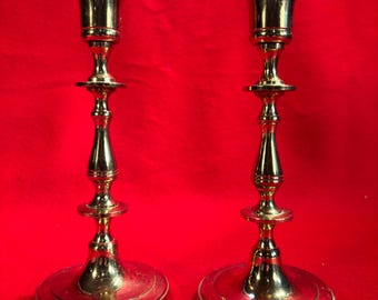 Pair Vintage Solid Brass Candlestick Holders, 7-1/2” tall
