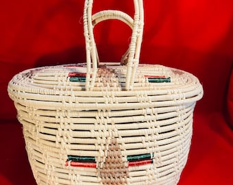 Handmade Raffia Sweetgrass Coiled Jamaican Basket with Lid and Handles with Colorful Design Highlights