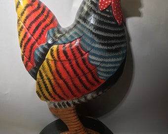 Hand Made Vintage, Large, Carved Wood Rooster Folk Art Sculpture made from one piece of wood!