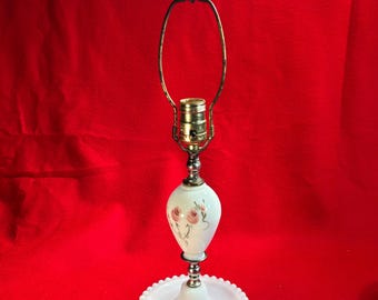 Vintage White Milk Glass Bedside Table Lamp With Hand Painted Floral Design and Hobnail Storage Base 1950s