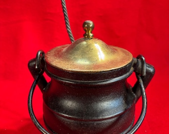 Vintage Cast Iron Fire Starter Smudge Pot with Brass Lid and Pumice Wand
