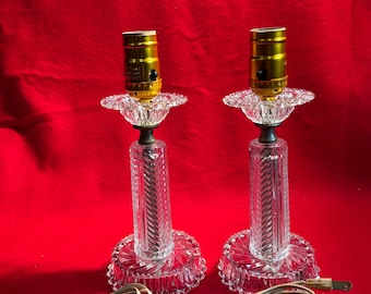 Pair Mid Century Hollywood Regency Pressed Glass Vanity Bedside Boudoir Table Lamps