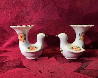 Two Vintage German Porcelain Dove Vases, Dove Candle Holders, by Bareuther Bavavia Waldsassen c. 1980