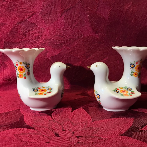 Two Vintage German Porcelain Dove Vases, Dove Candle Holders, by Bareuther Bavavia Waldsassen c. 1980