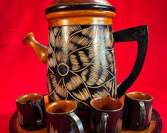 Vintage Hand Carved Wood Teapot/Chocolate Pot/Wine Jug Service with 4 Cups and Tray