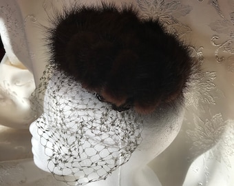 1950s Vintage Mink Tail Pillbox Ladies Hat With Veil