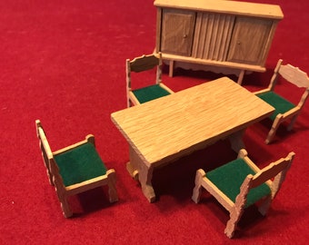Scandinavian Vintage 1970's Quality Wood Dollhouse Dining Room Furniture Set 1:16 Scale