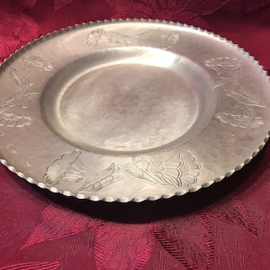 Vintage Farberware Hand Wrought Aluminum Serving Tray with Floral Design and Sawtooth Edge