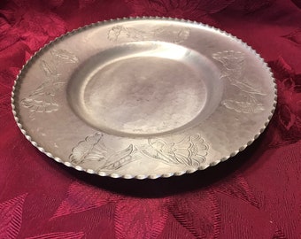 Vintage Farberware Hand Wrought Aluminum Serving Tray with Floral Design and Sawtooth Edge