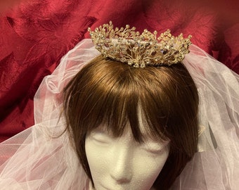 Wedding Headpiece Camelot Dreams Crown of Rose Quartz Cabochons Silver Beads Rhinestones by Washington Millinery