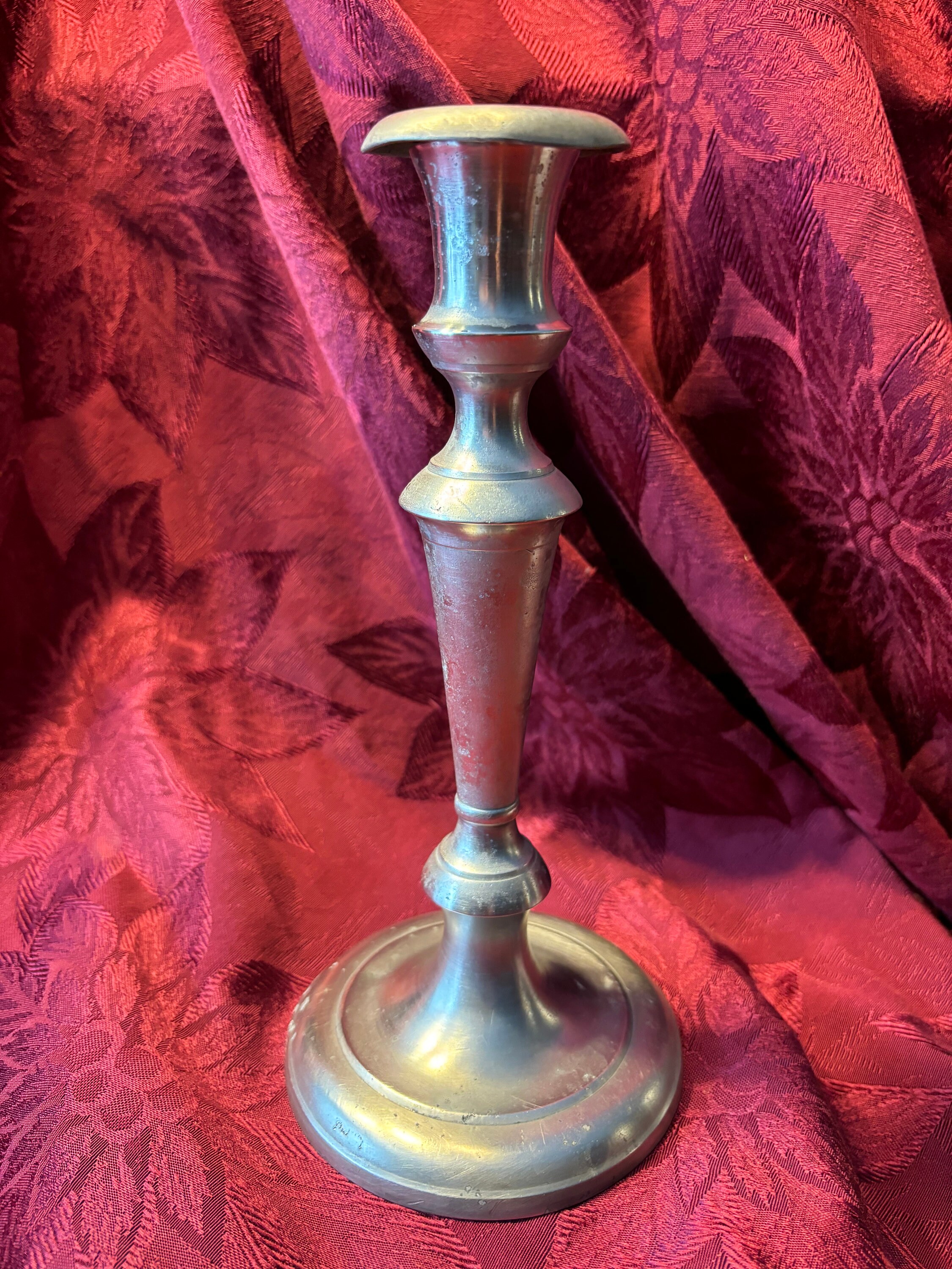 Antique American Pewter Candleholder with Removable Bobeche - 9-1/2" Tall, c. 1825 - 1850