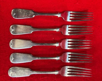 Vintage Set of 5 Fiddle back Silver plated Forks, John Yates & Sons, Birmingham, 19th Century