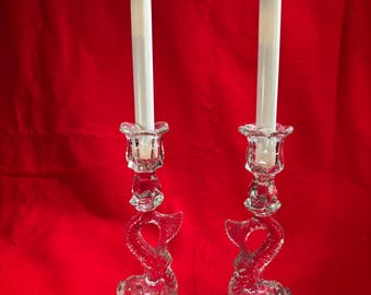 Pair of 19th Century Glass Dolphin Candlestick Holders