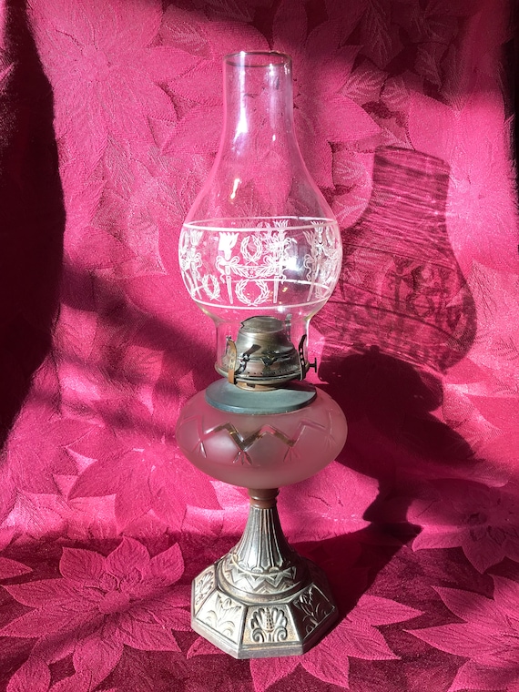 Victorian Cast Iron Pedestal Base Oil/Kerosine Lamp with Original Etched Glass Chimney with Original Flip Top Burner and Wick