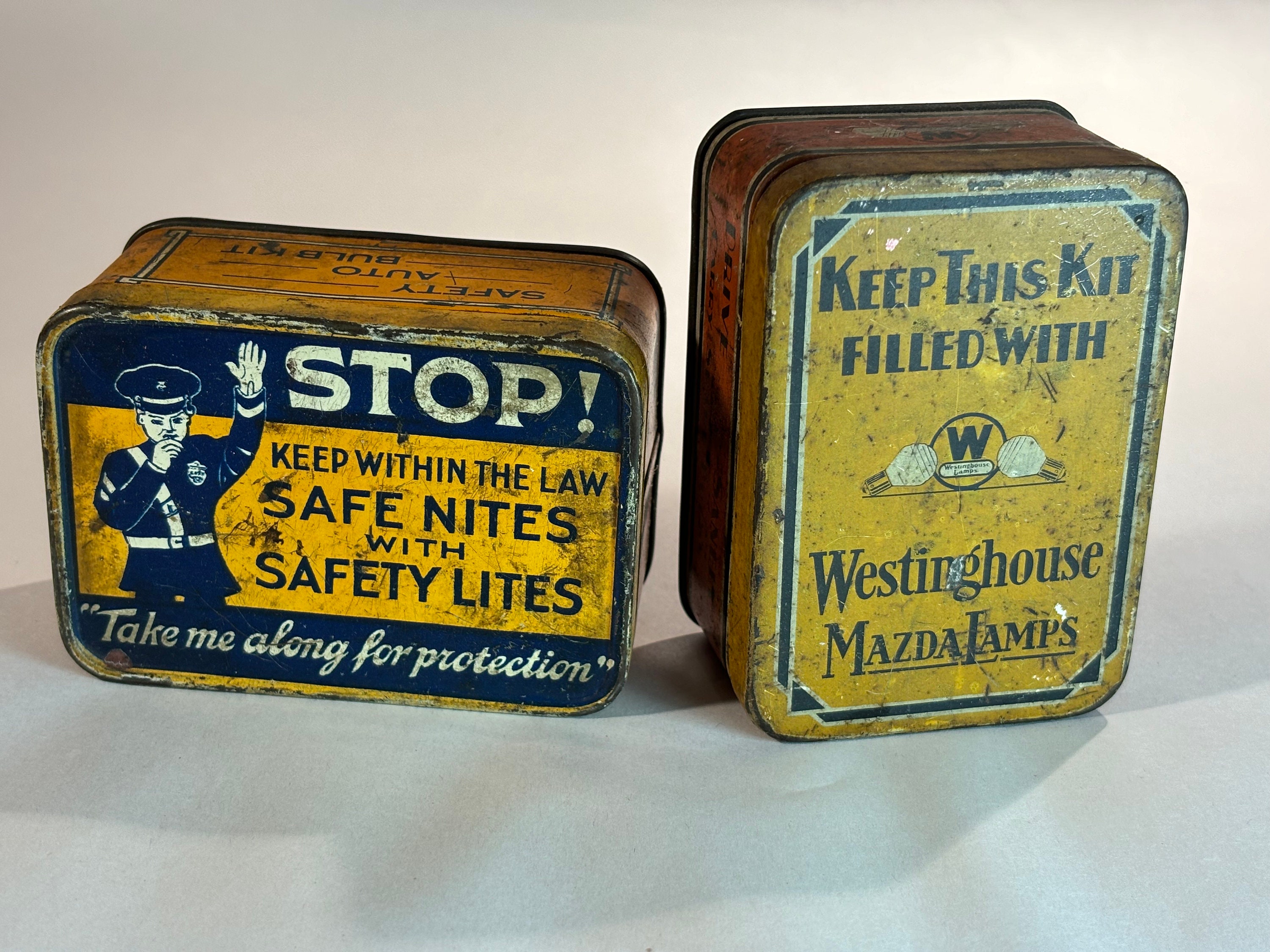 Two Vintage Tin Advertising Boxes For Auto Bulbs - Westinghouse Mazda & RARE Policeman STOP Tin - 1940s