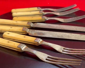 7 Pieces Antique American Civil War Era Bovine Bone Handle Forks and Knives 1860s