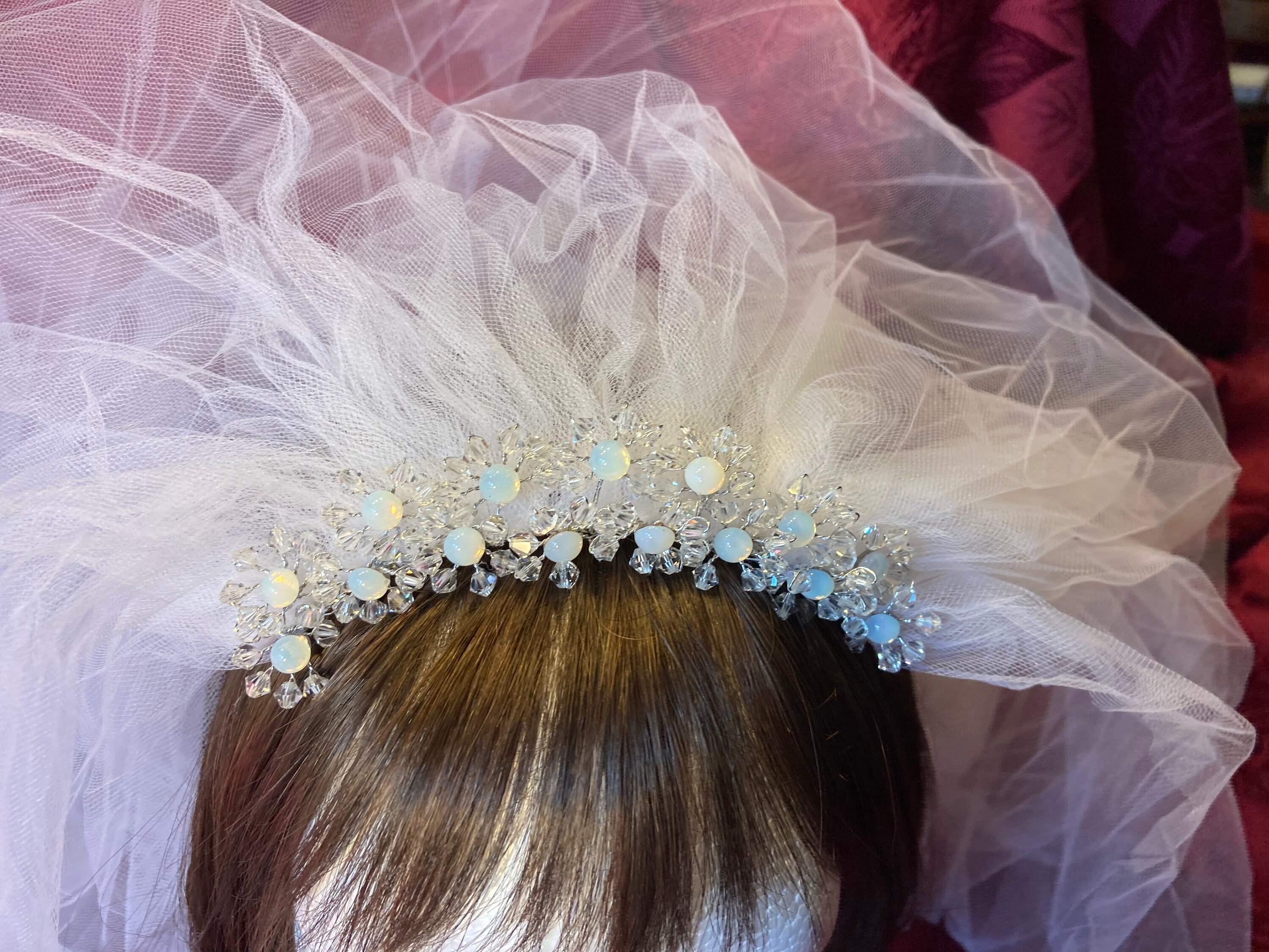 Vintage Radiance Bridal Veil White Fire Opal Crystal Tiara 