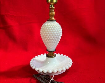 Vintage White Milk Glass Hobnail Table Lamp for Night Stand or Dressing Table 1950s