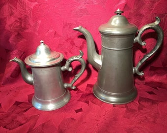 Antique American Pewter Lighthouse Style Coffee Pot & Teapot (2 Piece Set)  by Freeman Porter, Westbrook Maine 1835-1865. Great Condition!