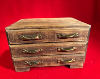 Vintage Homemade Wood Jewelry or Sewing Box with Three Drawers