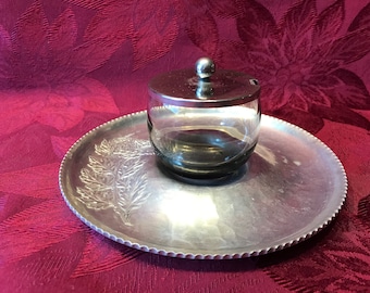 Rare Vintage Trade Continental #641 Silverlook Hammered Aluminum Tray with Glass Mustard Pot & Lid