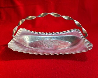Cromwell Hand-Wrought Hammered Aluminum Serving Tray Basket with Twisted Style Handle Mid Century Modern