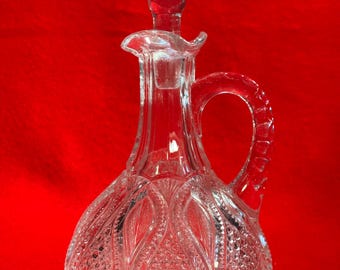 Early American Pressed Glass Cruet with Glass Stopper Vintage Intricate Design Small Size Early 1900s.