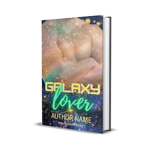 Pode incluir: Capa de livro com o título "Galaxy Lover" em verde néon e amarelo, com o nome do autor abaixo. A capa apresenta uma imagem abstrata brilhante com um esquema de cores azul e dourado, sugerindo um tema de ficção científica ou romance.