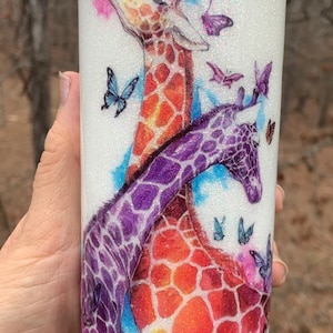 Rainbow colored giraffes and butterflies tumbler, giraffe lovers tumbler, zoo animals, Valentine’s gift, animal lover gift