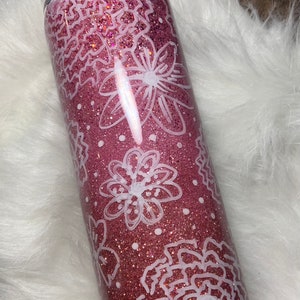 Floral tumbler, Hand painted flower glitter tumbler, Christmas gift, gifts for her