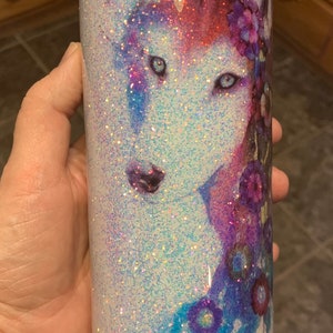 Wolf with flowers, 30oz wolf tumbler, multicolored wolf,