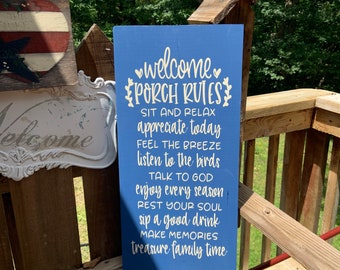 Porch and Patio signs, Porch Rules, Wooden outdoor decor, blue sign, yellow sign