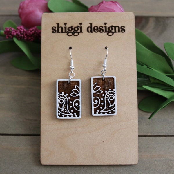 Dainty Paisley wooden engraved earrings