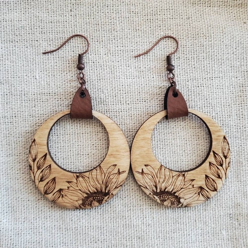 Sunflower Wooden Engraved Earrings Etsy