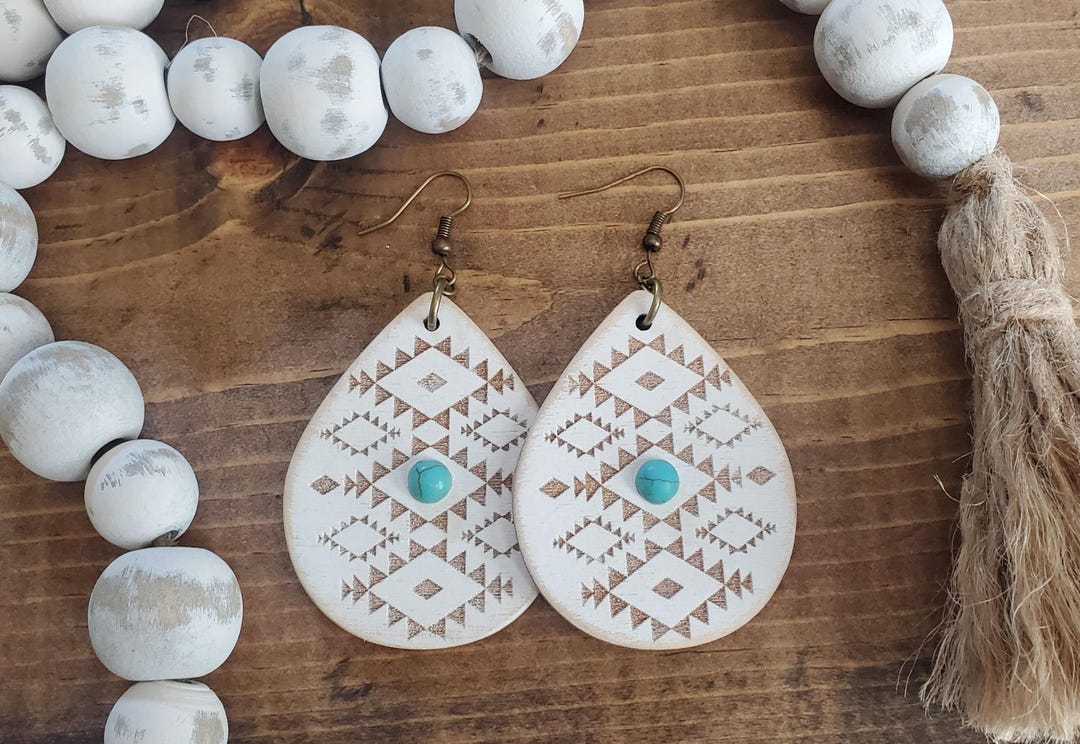 Aztec Pattern With Turquoise Bead Engraved Earrings - Etsy